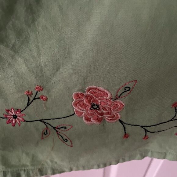 Sag Harbor Womens linen Top lime Green Button Front Short Sleeve Embroidered - Picture 3 of 5